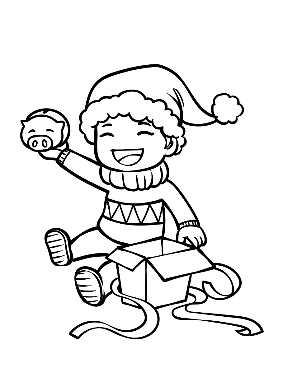 A Boy Holding a Piggy Bank in His Hand Coloring Page