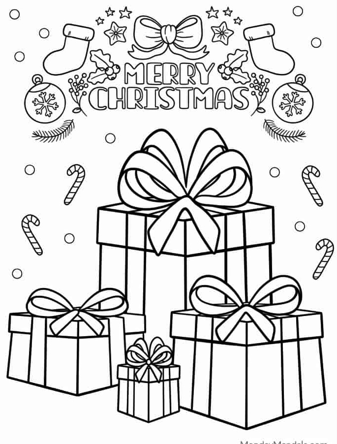 Beautifully Wrapped Christmas Presents Coloring Page