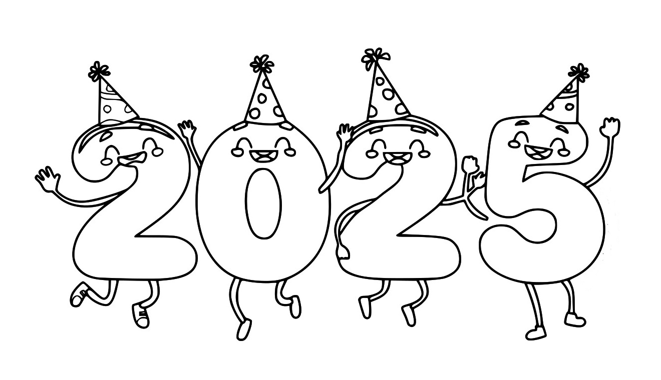 Cartoon Cute Happy New Year Coloring Page 2025