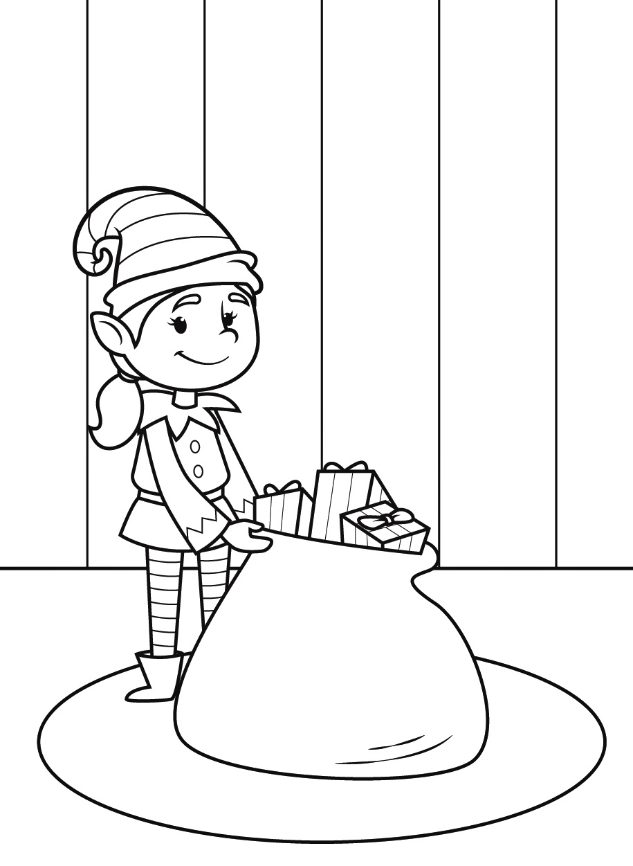 Christmas Elf Girl Holding a Bag Full of Gifts Coloring Pages