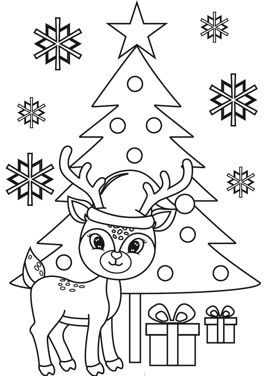 Christmas Reindeer in Front of a Christmas Tree Coloring Pages