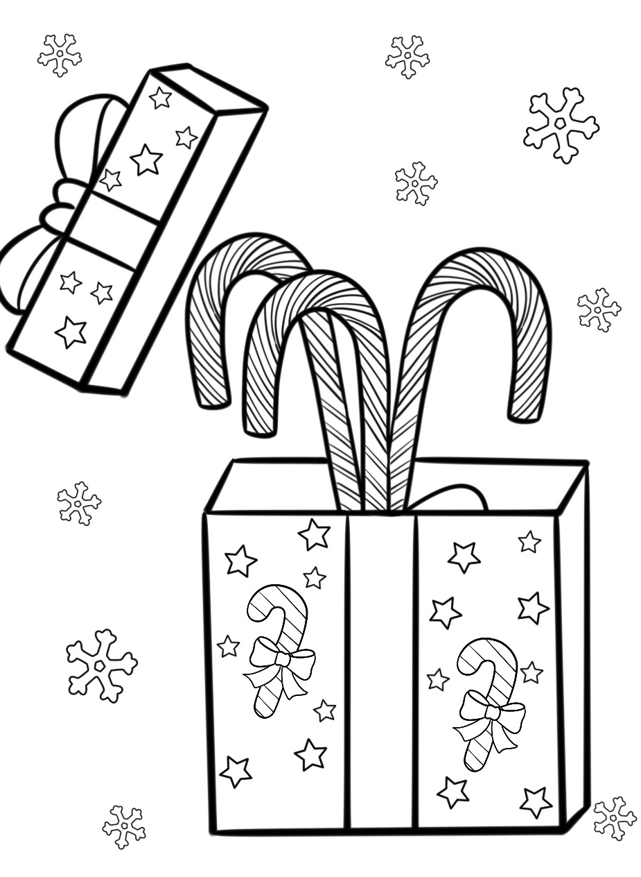 Coloring Page Big Christmas Present with a Candy Cane