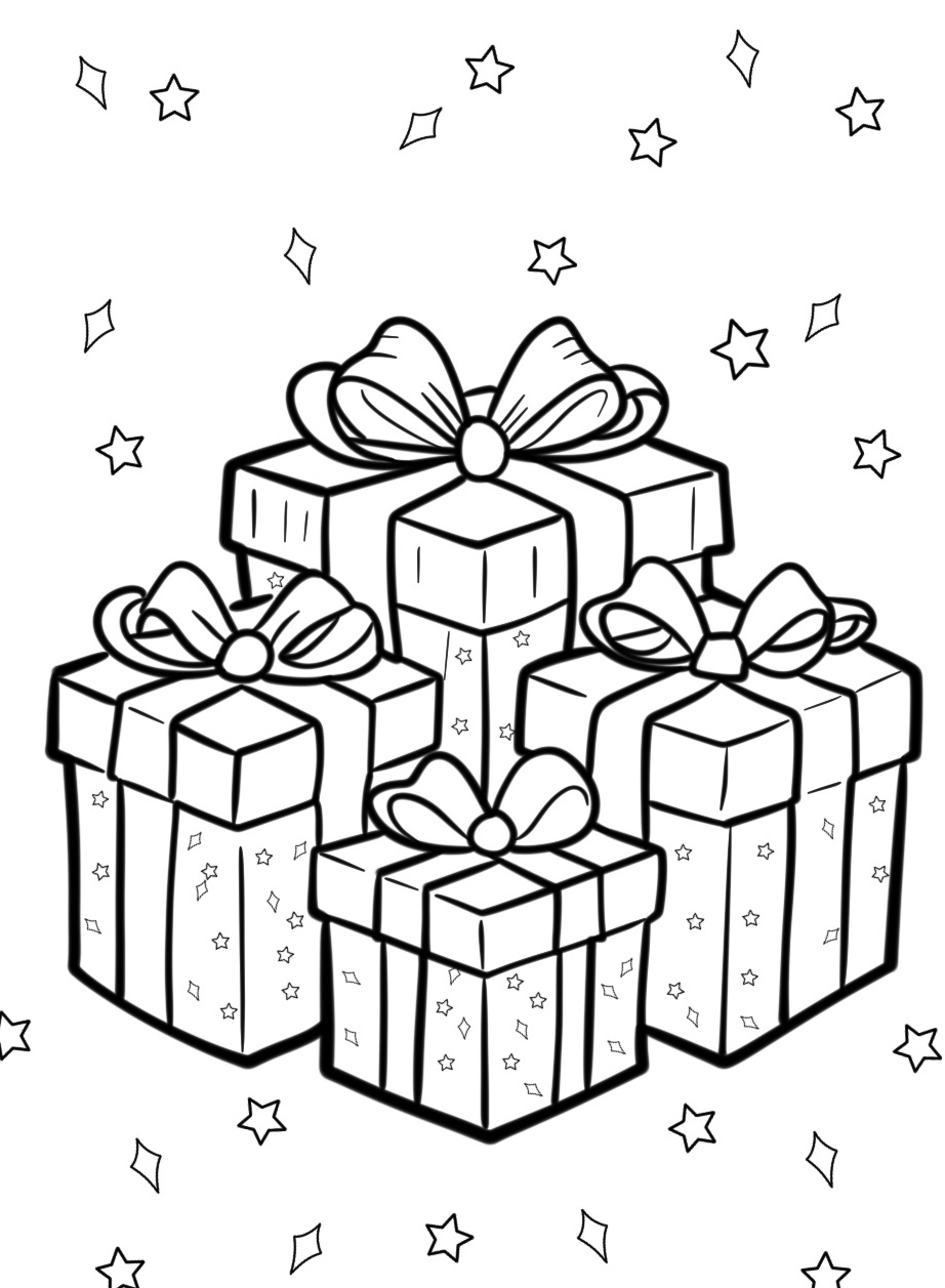 Coloring Page Christmas Presents with Bows and Sparkles