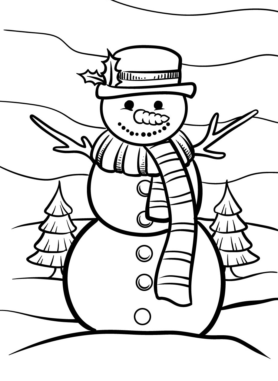 Coloring Page Decorated Snowman on a Hill