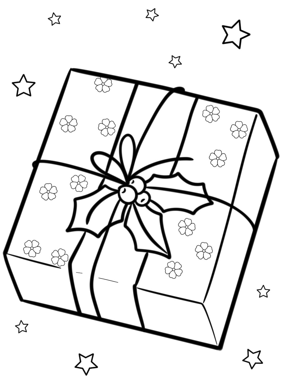 Coloring Page Gift Box with Festive Decorations Detailed