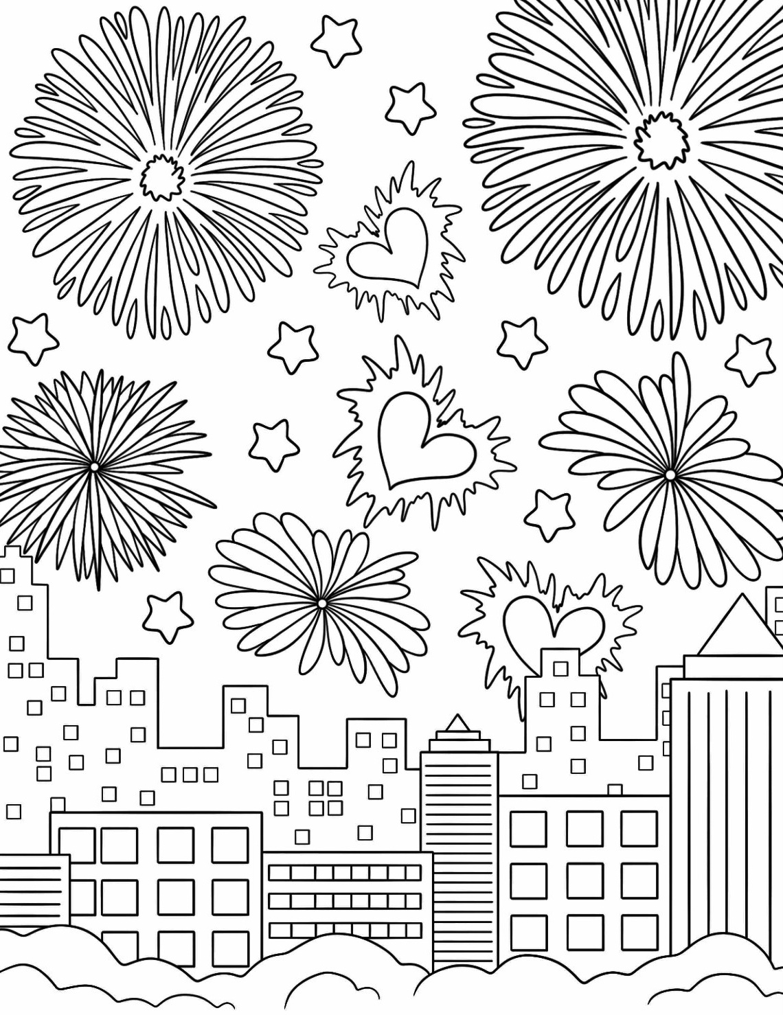 Coloring Page New Year Fireworks Over The City