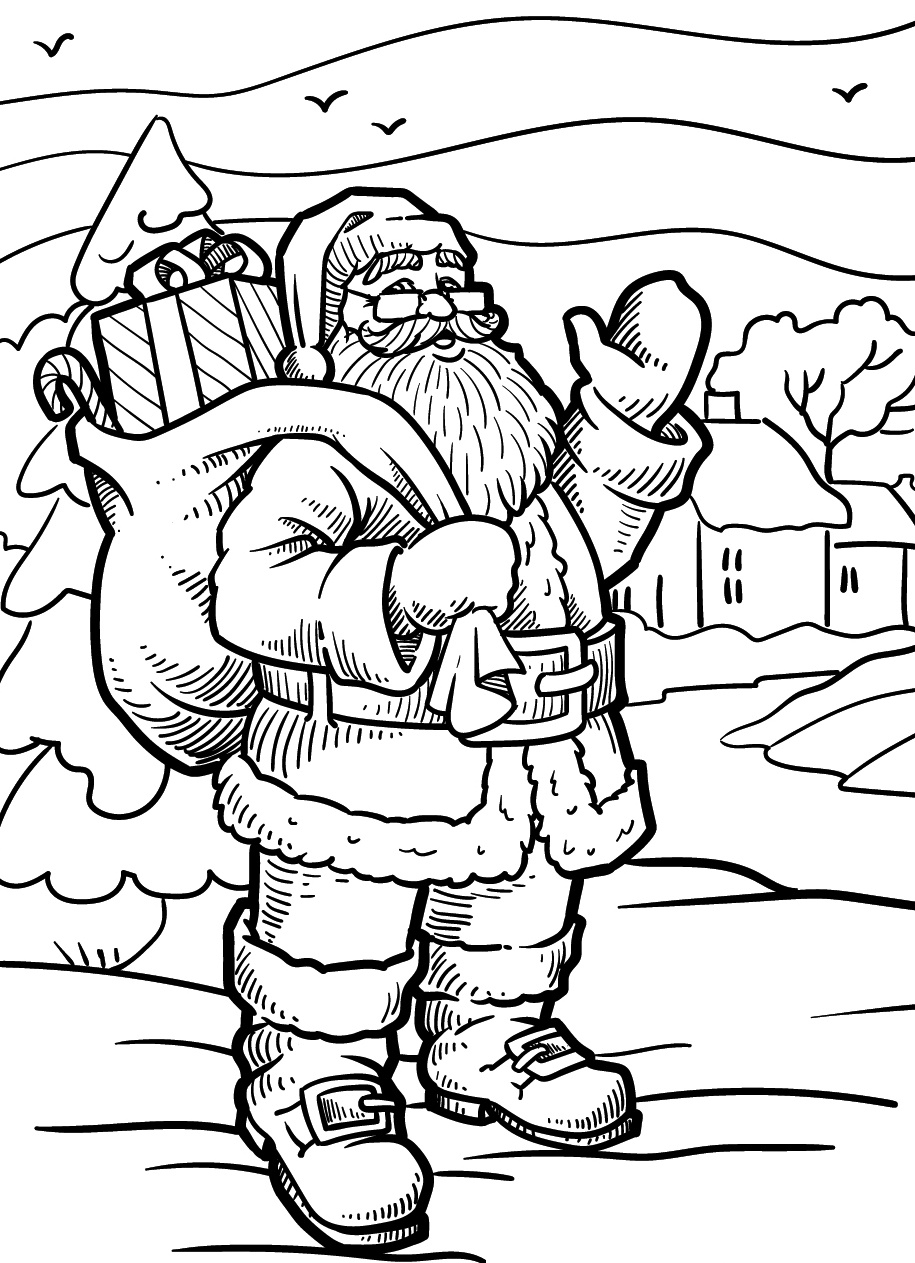 Coloring Page Santa Claus on His Way Through the Village