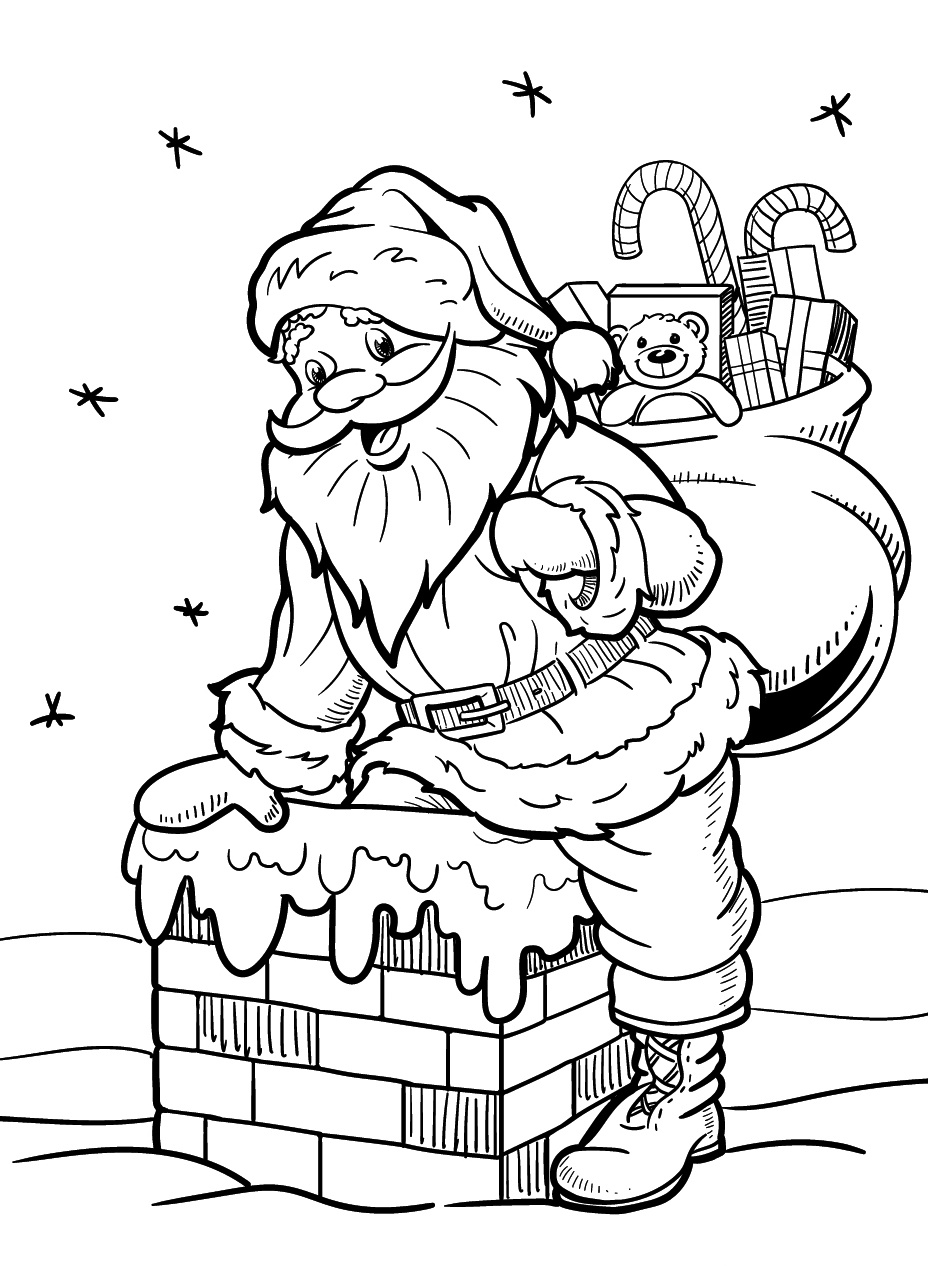 Coloring Page Santa Going Down the Chimney with a Bag Full of Gifts