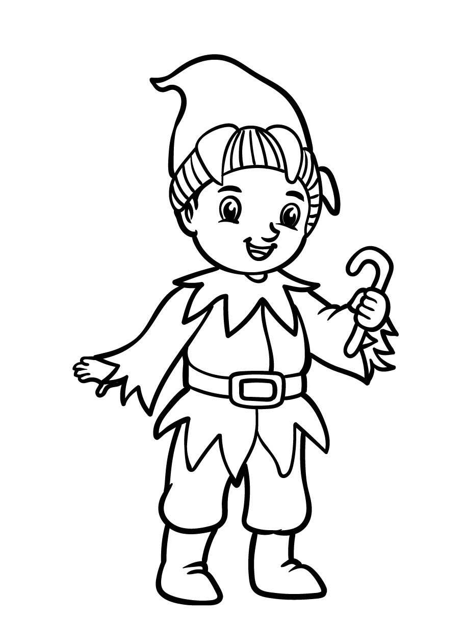 Coloring Pages Christmas Elf Eating a Candy Cane