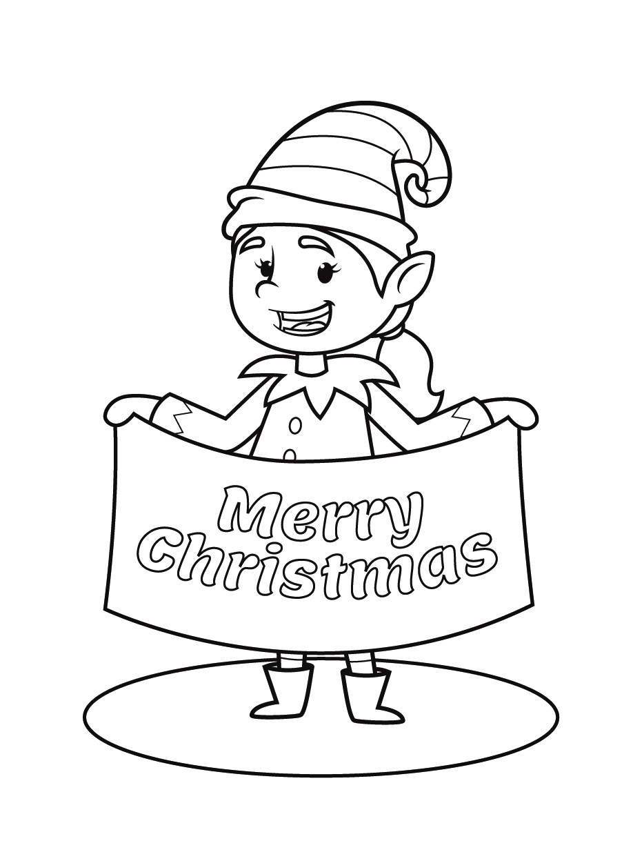 Coloring Pages Christmas Elf Holding a Merry Christmas Sign