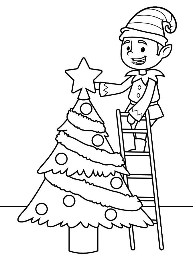 Coloring Pages Christmas Elf Standing on a Ladder Placing