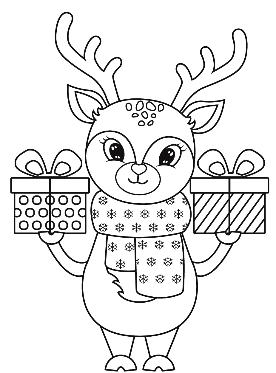 Coloring Pages Christmas Reindeer Holding Presents