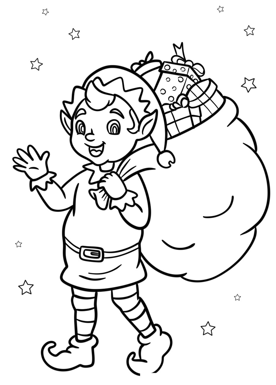 Coloring Pages Santa’s Elf Carrying a Big Sack of Toys