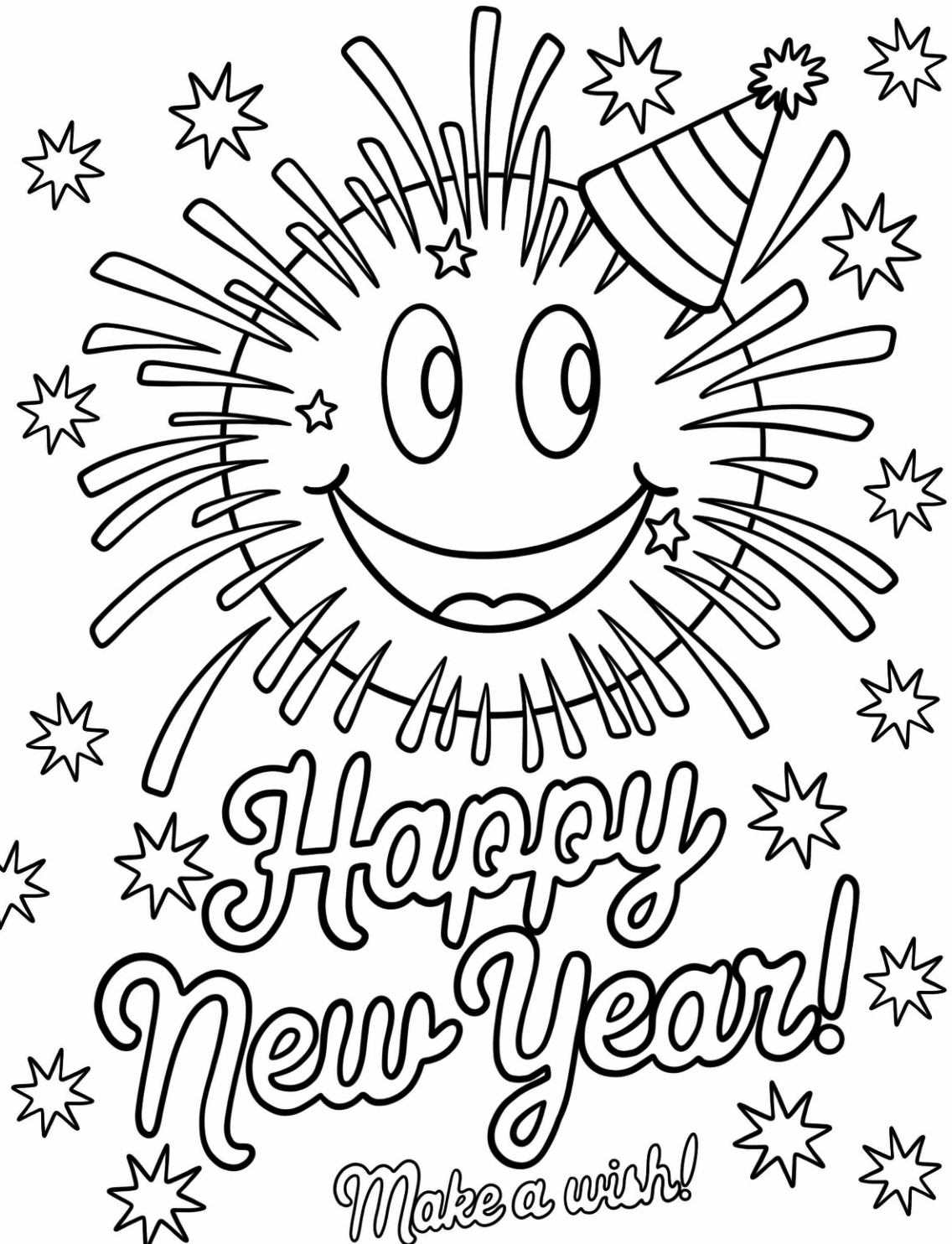 Coloring page Smiling Emoji With Fireworks And Stars