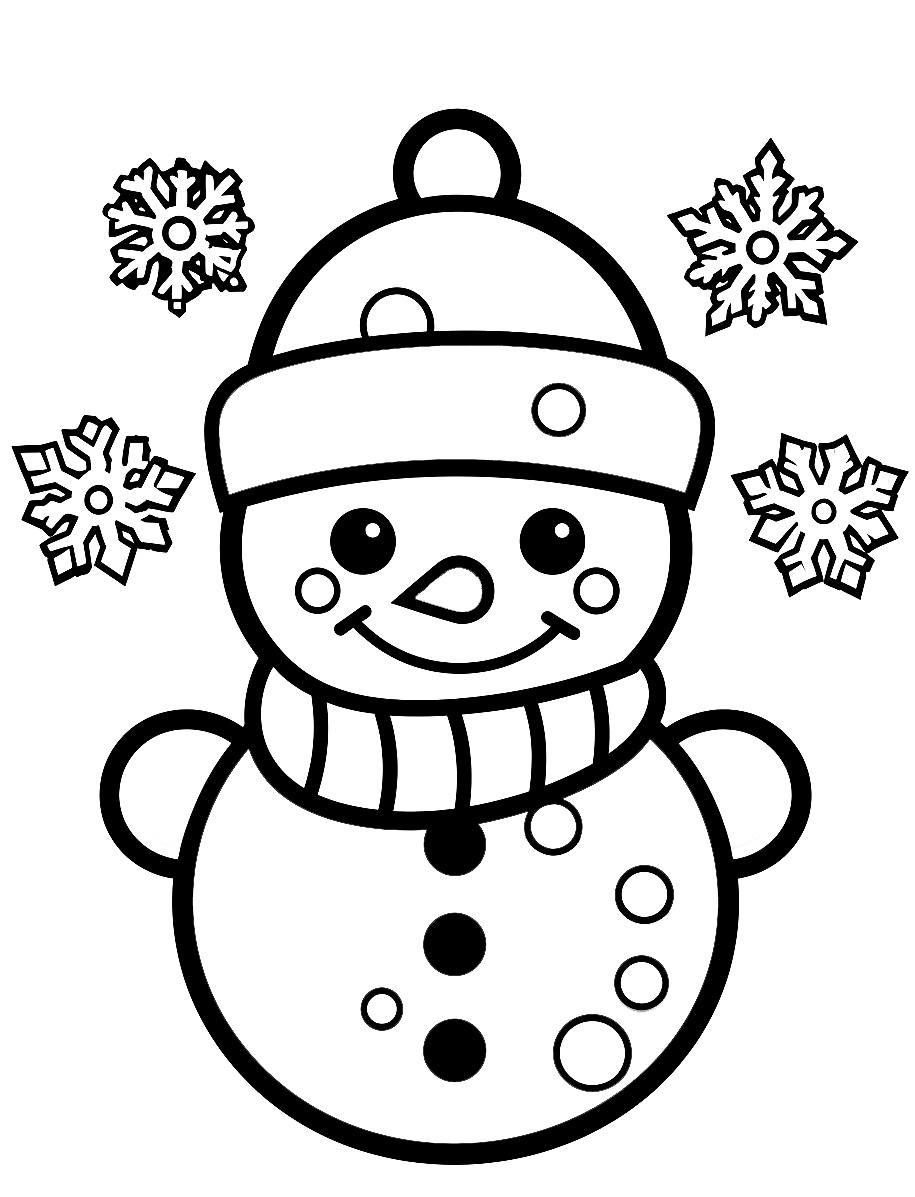 Coloring pages Smiling Cartoon Snowman Surrounded by Snowflakes