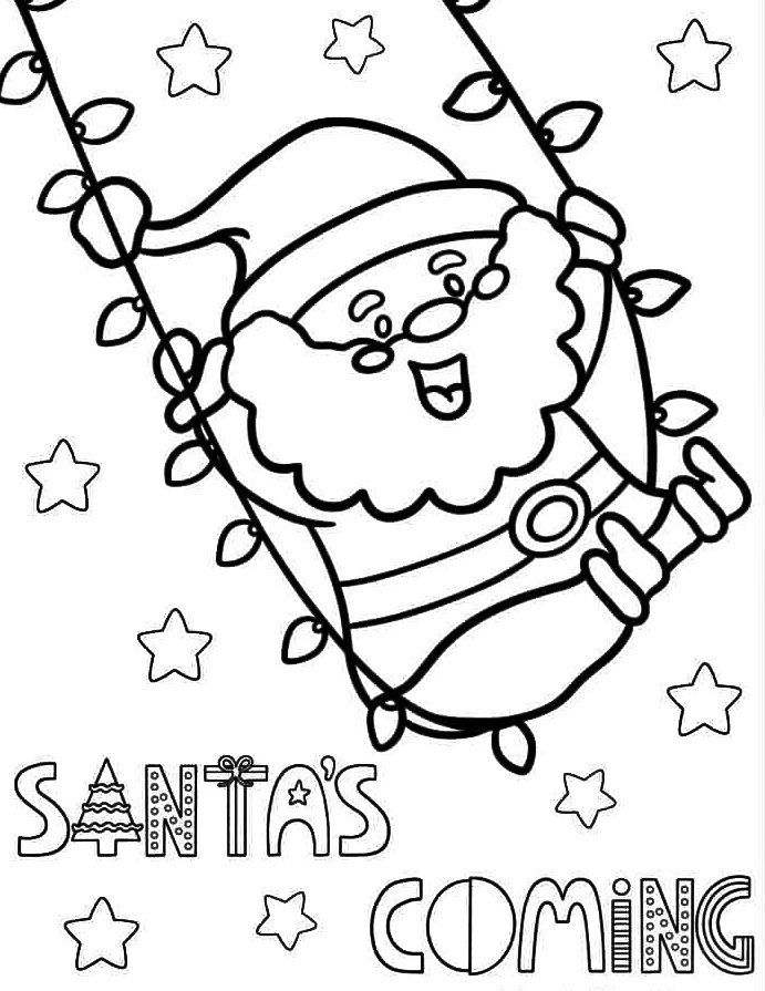 Cute Santa Swinging On Lights Coloring Page