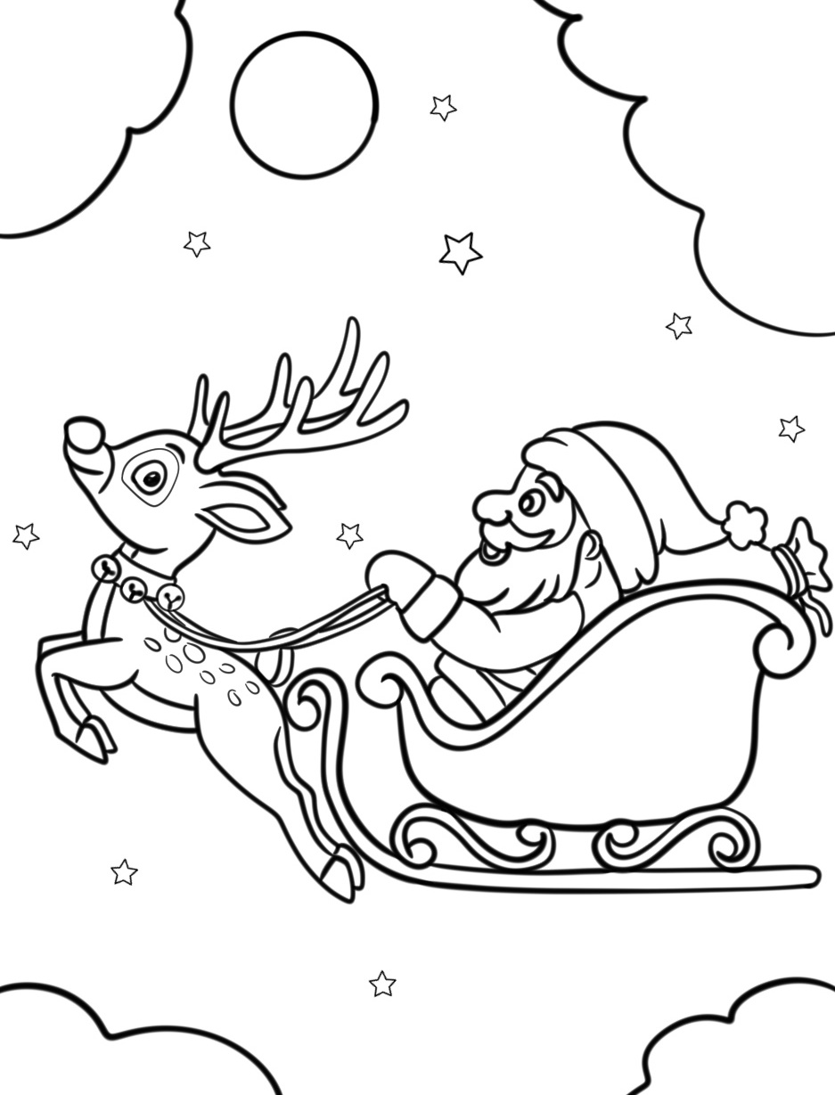 Flying Reindeer with Santa Coloring Pages