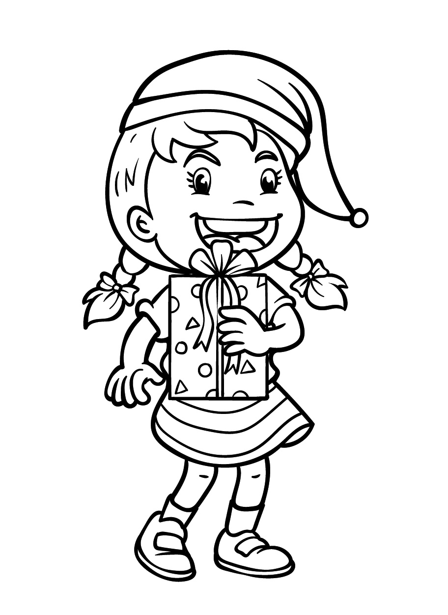 Girl Santa Holding a Present Coloring Page