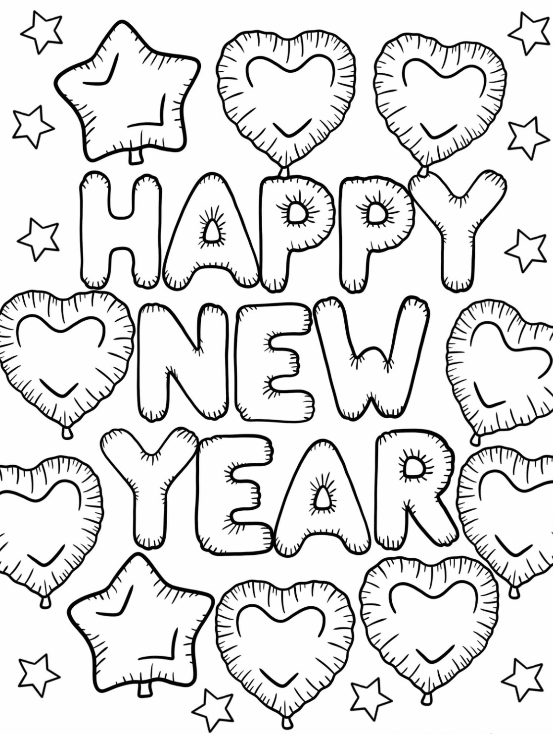 Happy New Year Balloons With Love Coloring Page