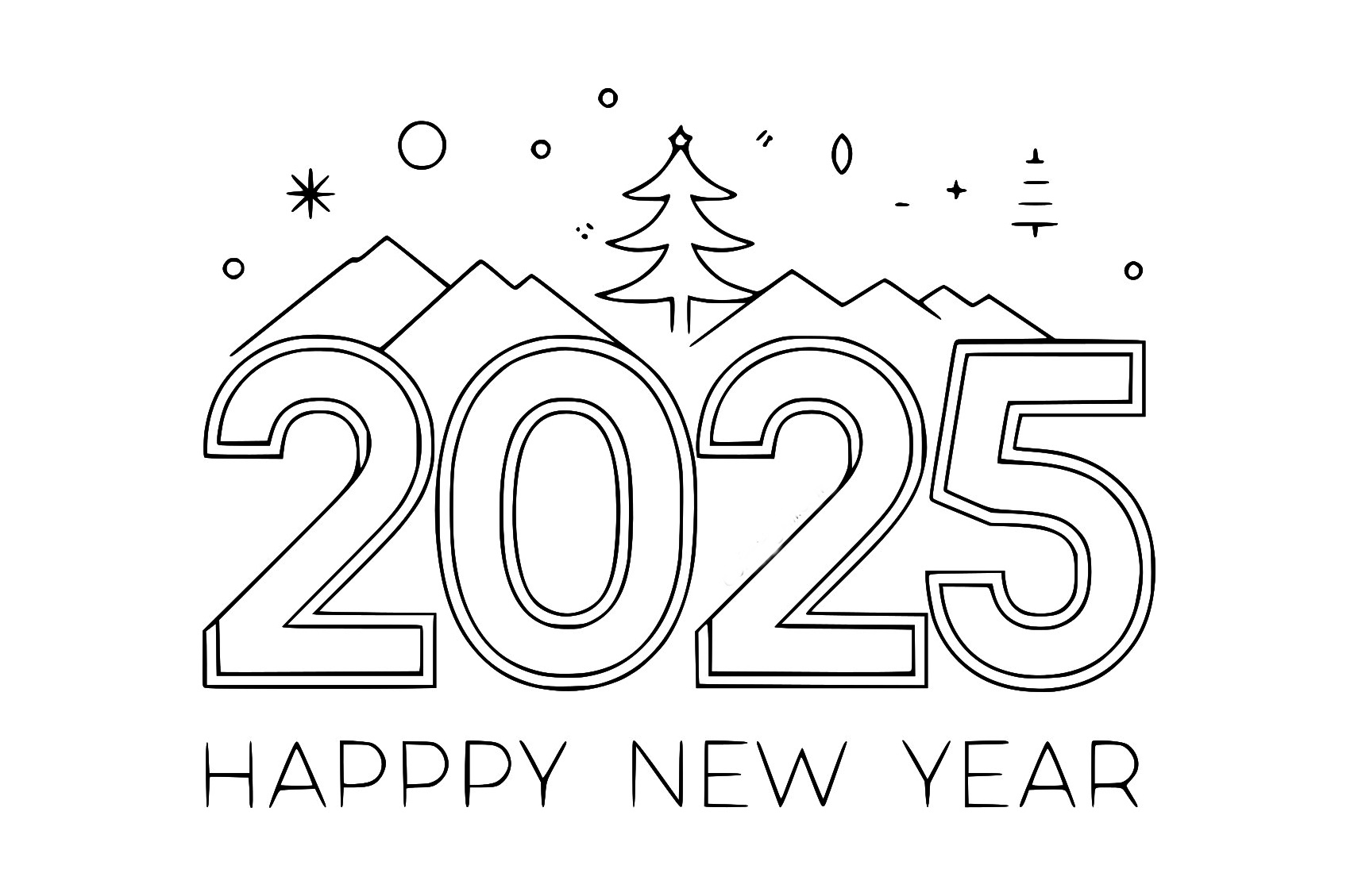 Happy New Year Coloring Page with Mountains