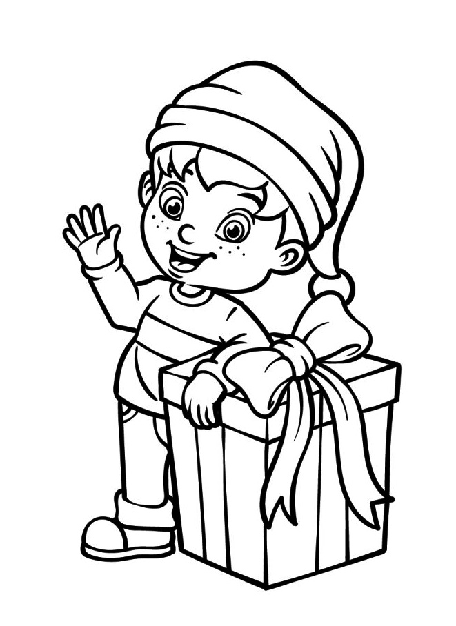 Kid Santa and His Gift Coloring Page