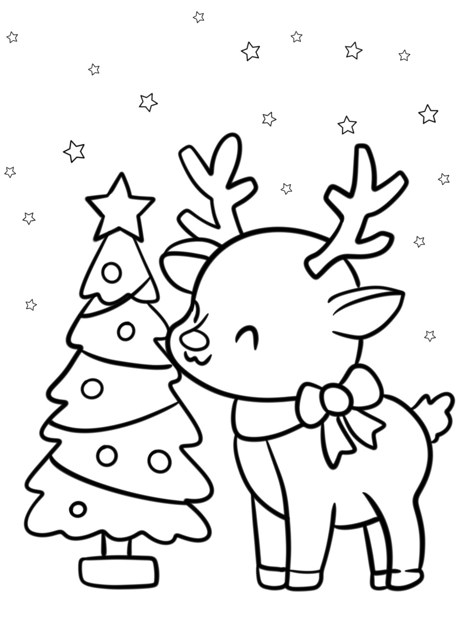 Reindeer Next to a Decorated Christmas Coloring Pages