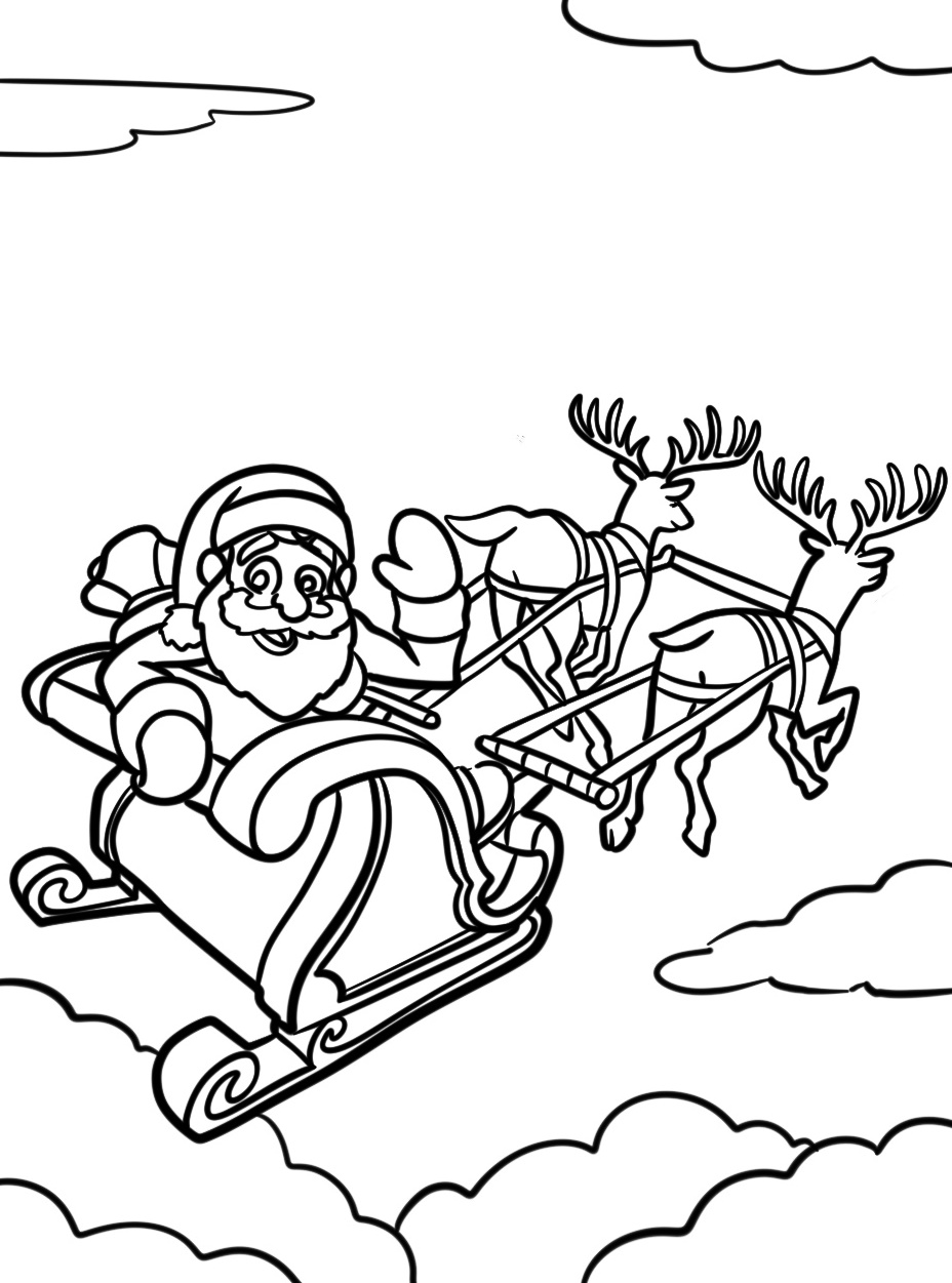 Santa Flying in His Sleigh Coloring Page