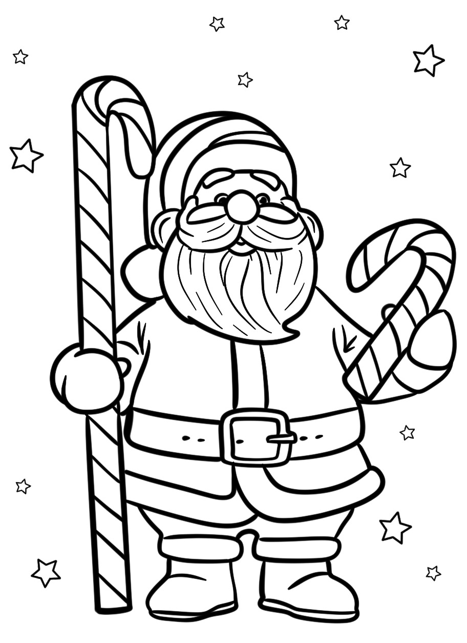 Santa Holding a Candy Cane Detailed Coloring Page