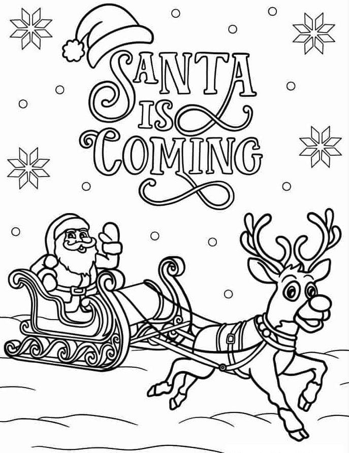 Santa In His Sleigh With Rudolph Coloring Page