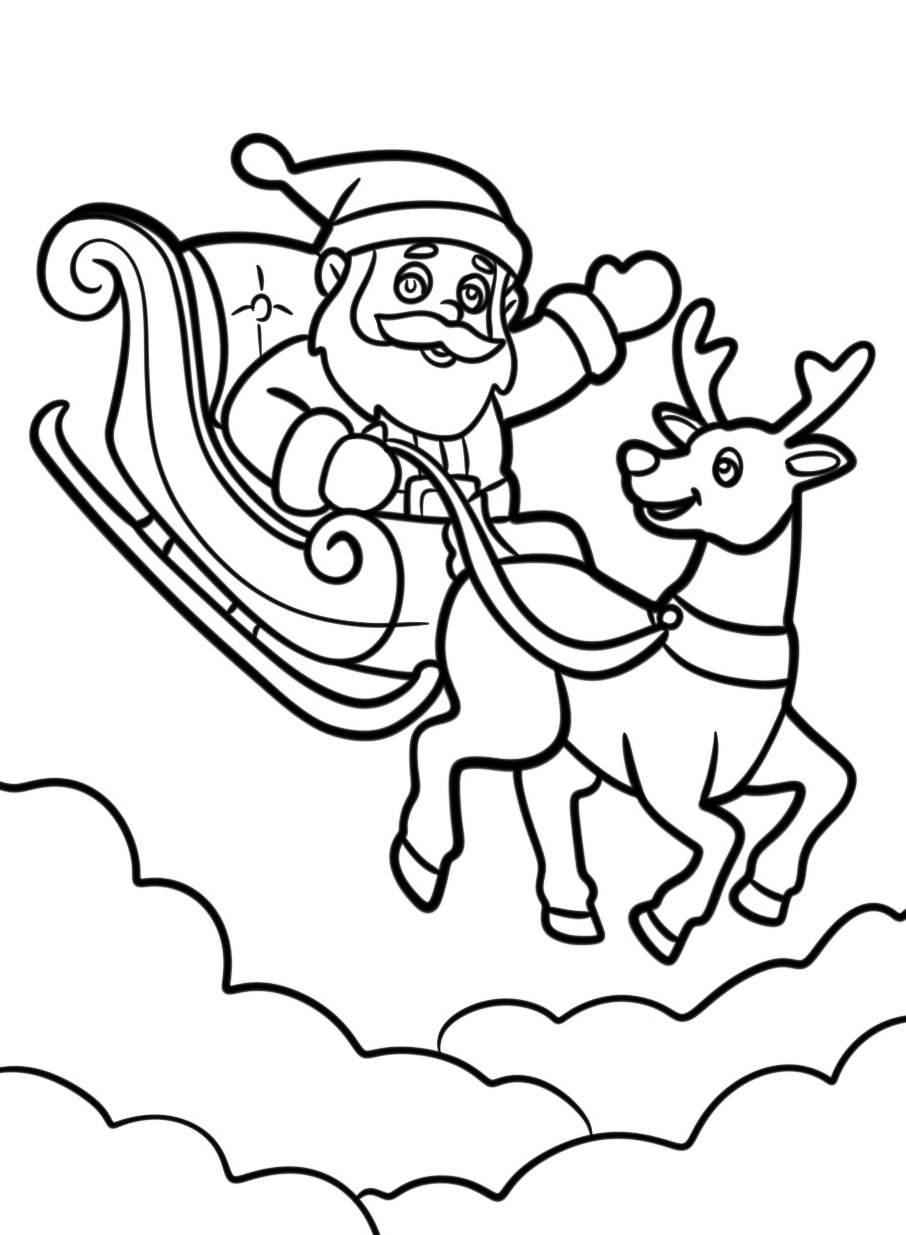 Santa with His Reindeer and Sleigh Flying Coloring Page