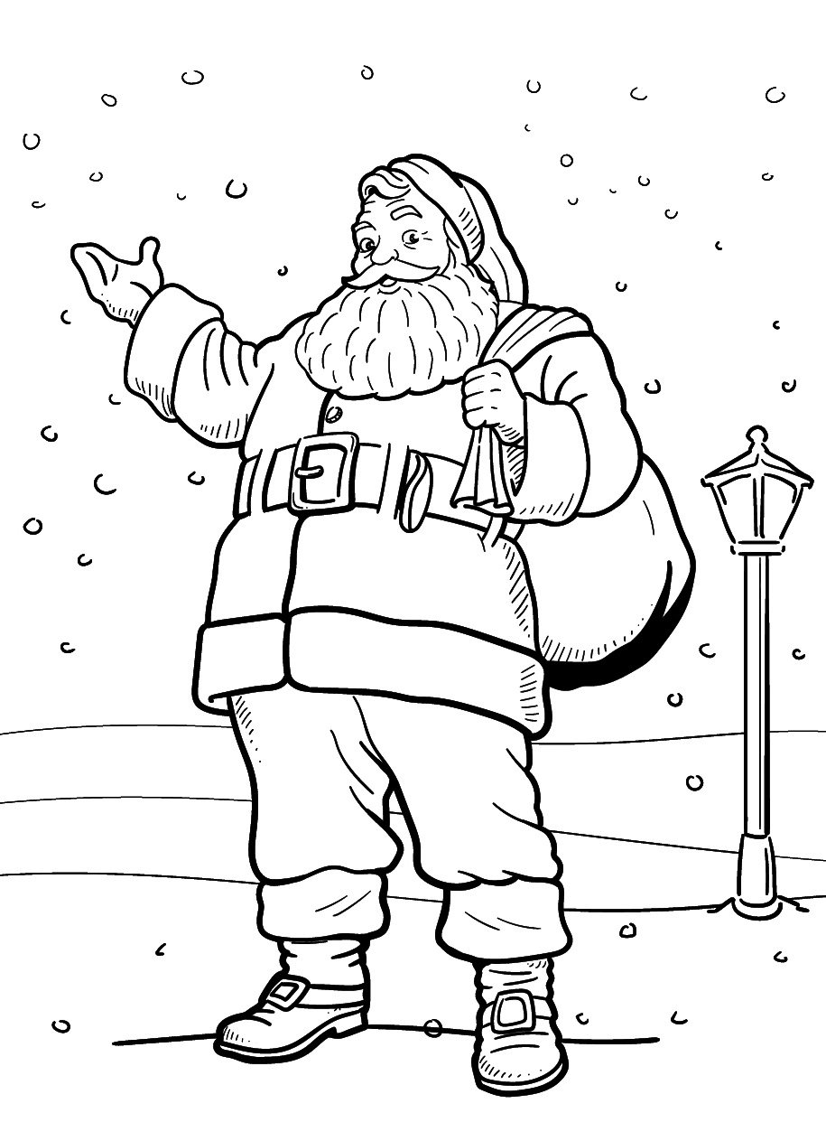 Tall Santa Claus Waving through the Snowflakes Coloring Page