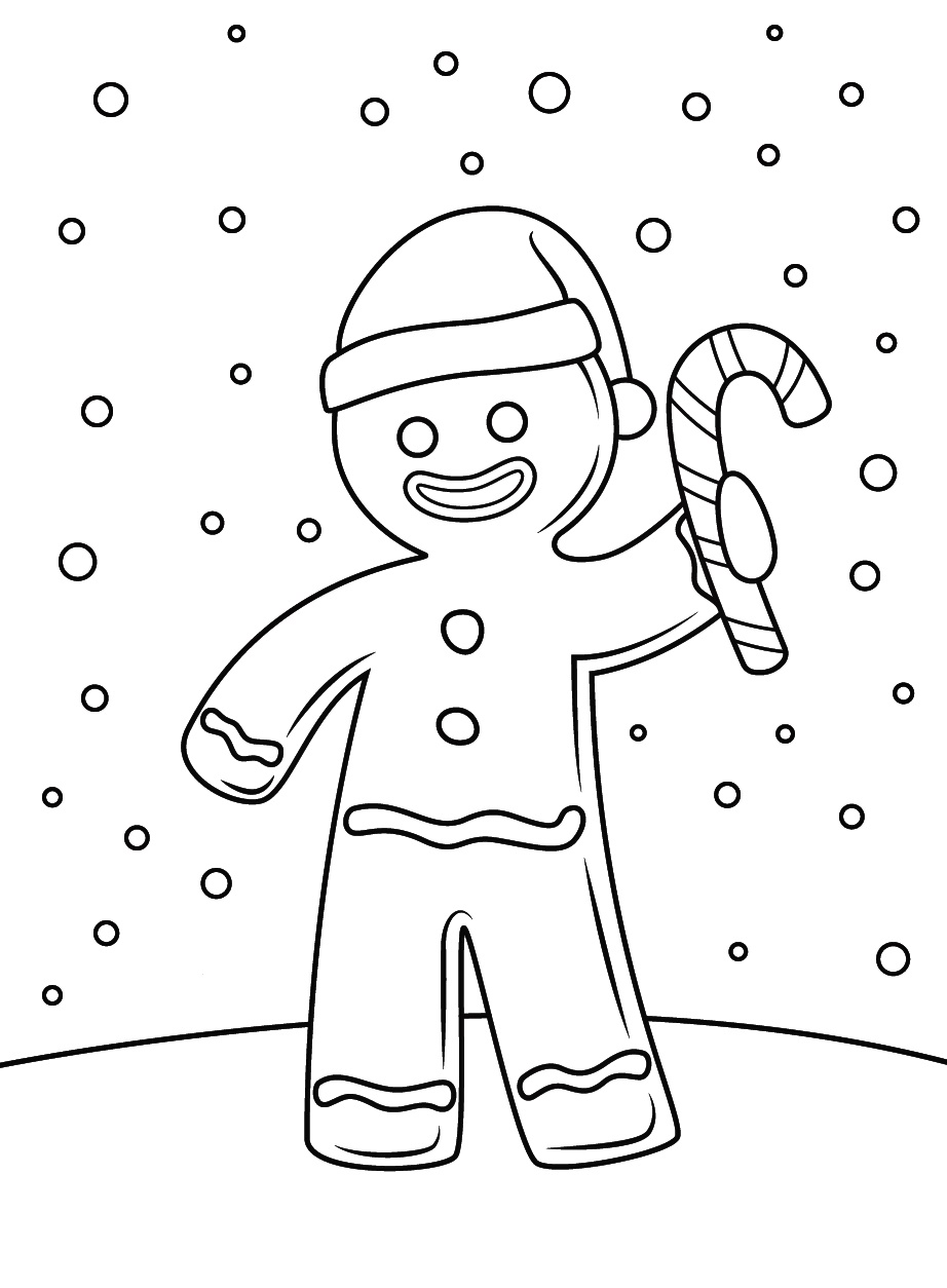 coloring Page Gingerbread Man Waving with His Candy Cane