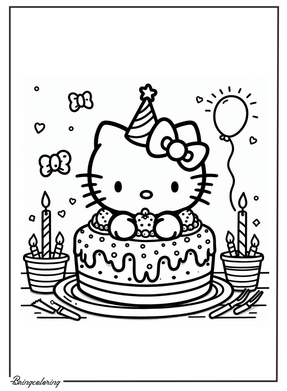 Birthday Cake with Hello Kitty Ornament Coloring Pages for Kids 3 Birthday Cake Hello Kitty Coloring Pages Online for Kids