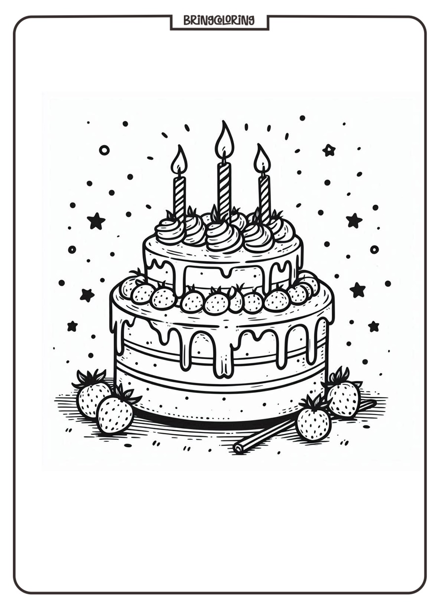 Let’s Color a Birthday Cake! 1 Birthday Cake with Candles and Strawberry Coloring pages Online for Kids