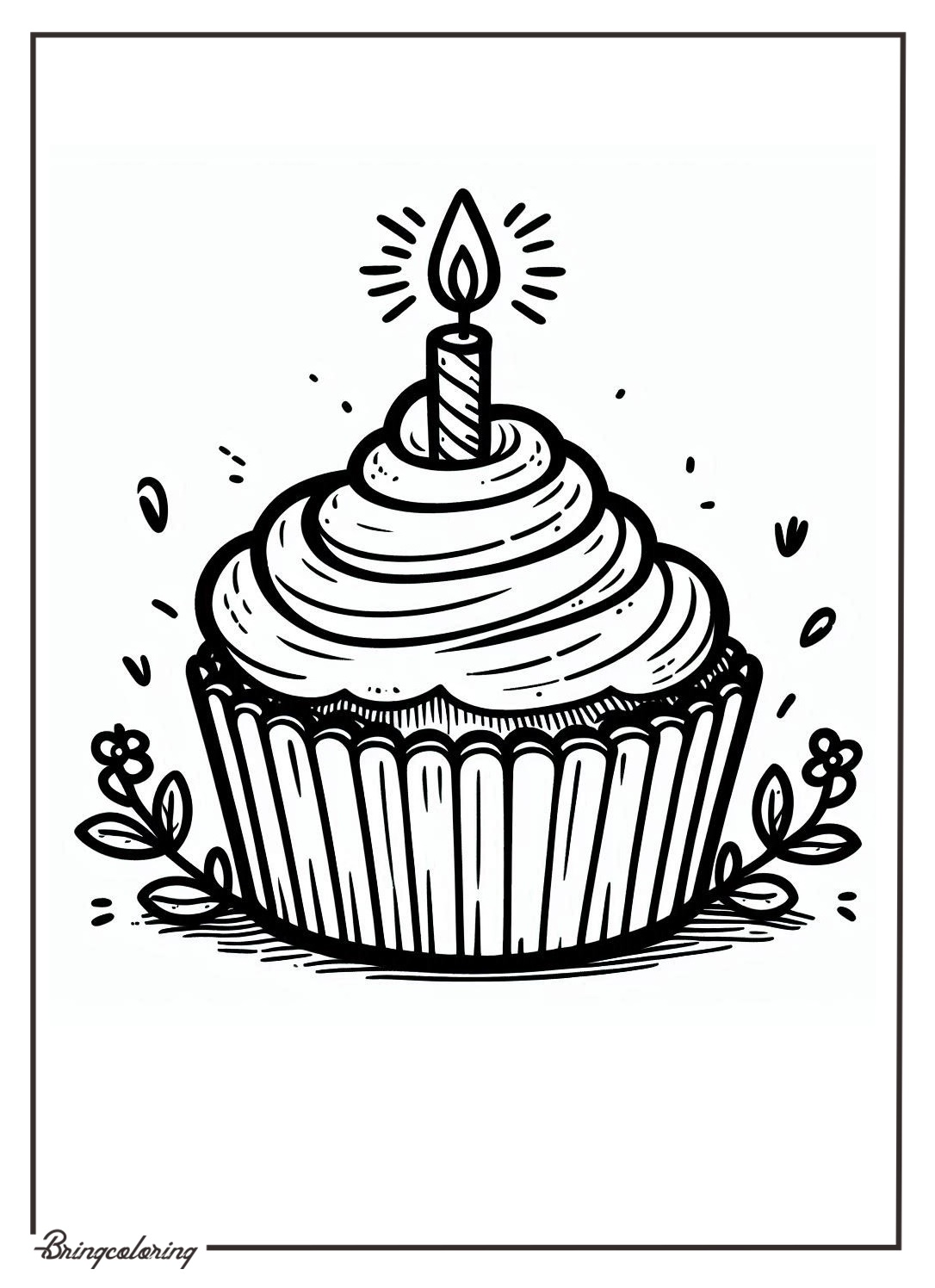 Cupcake with Candle Coloring Pages for Kids 1 cupcake with candle coloring page for kids