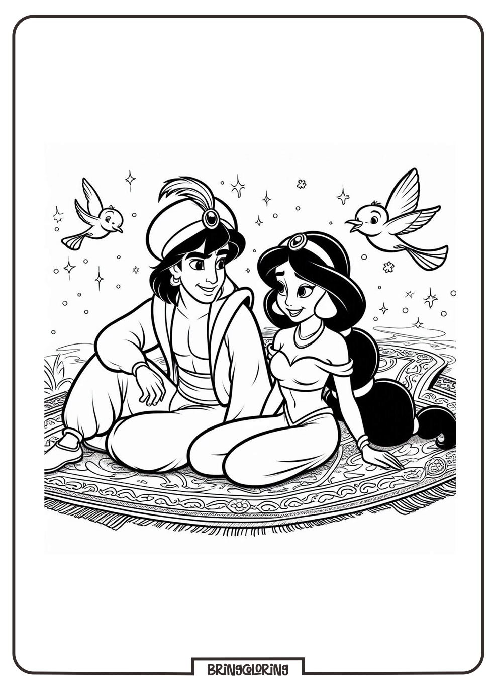 Aladdin and Jasmine on the Magic Carpet Coloring Online Pages