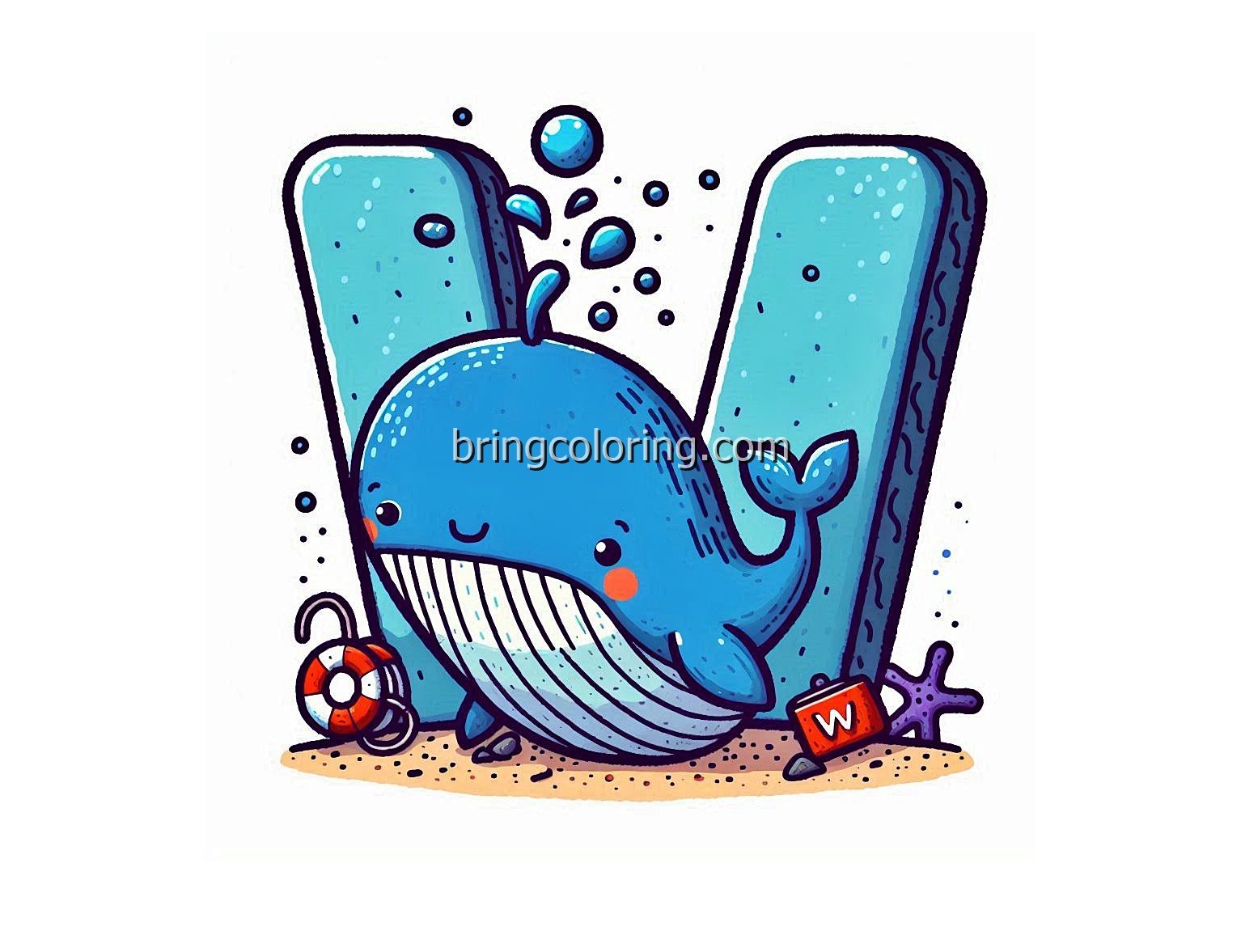 Image of Alphabet Letter W with Whale Coloring - bringcoloring.com