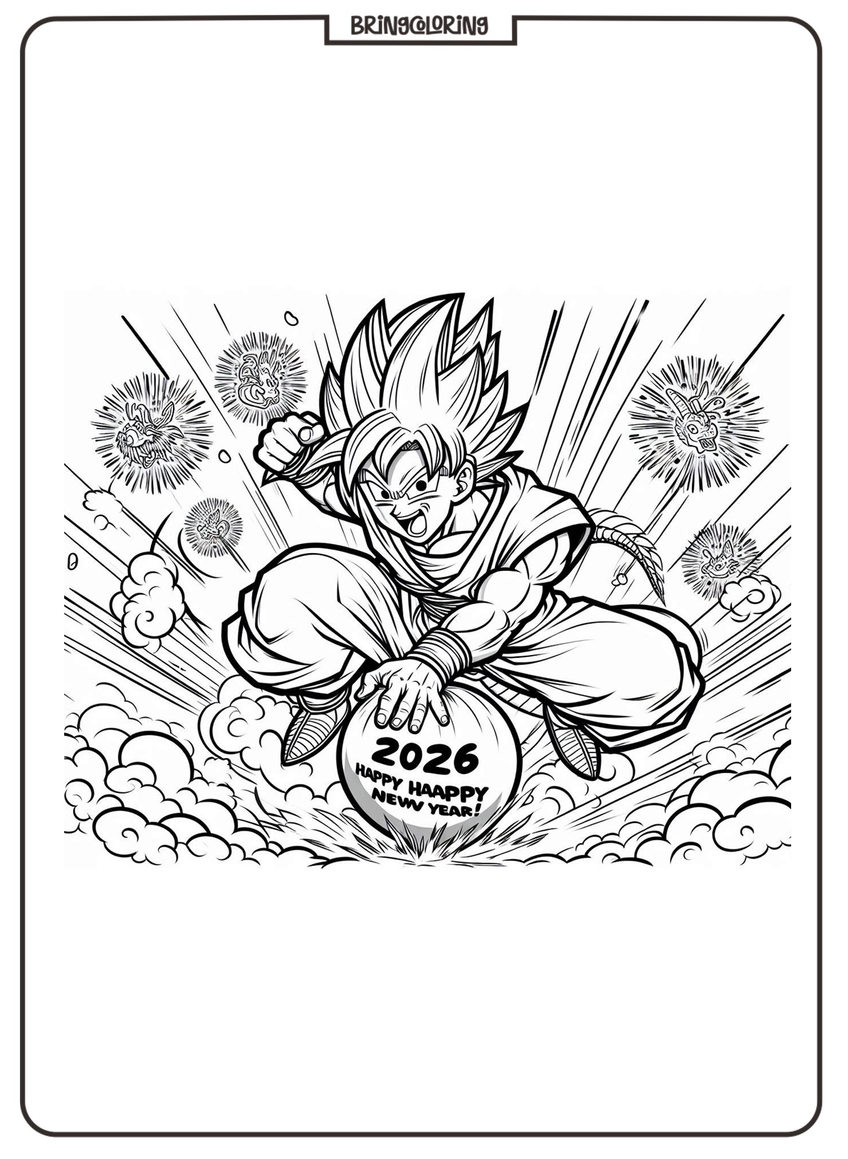 Dragon Ball Say Happy New Year 2026 Coloring Online Page bringcoloring.com