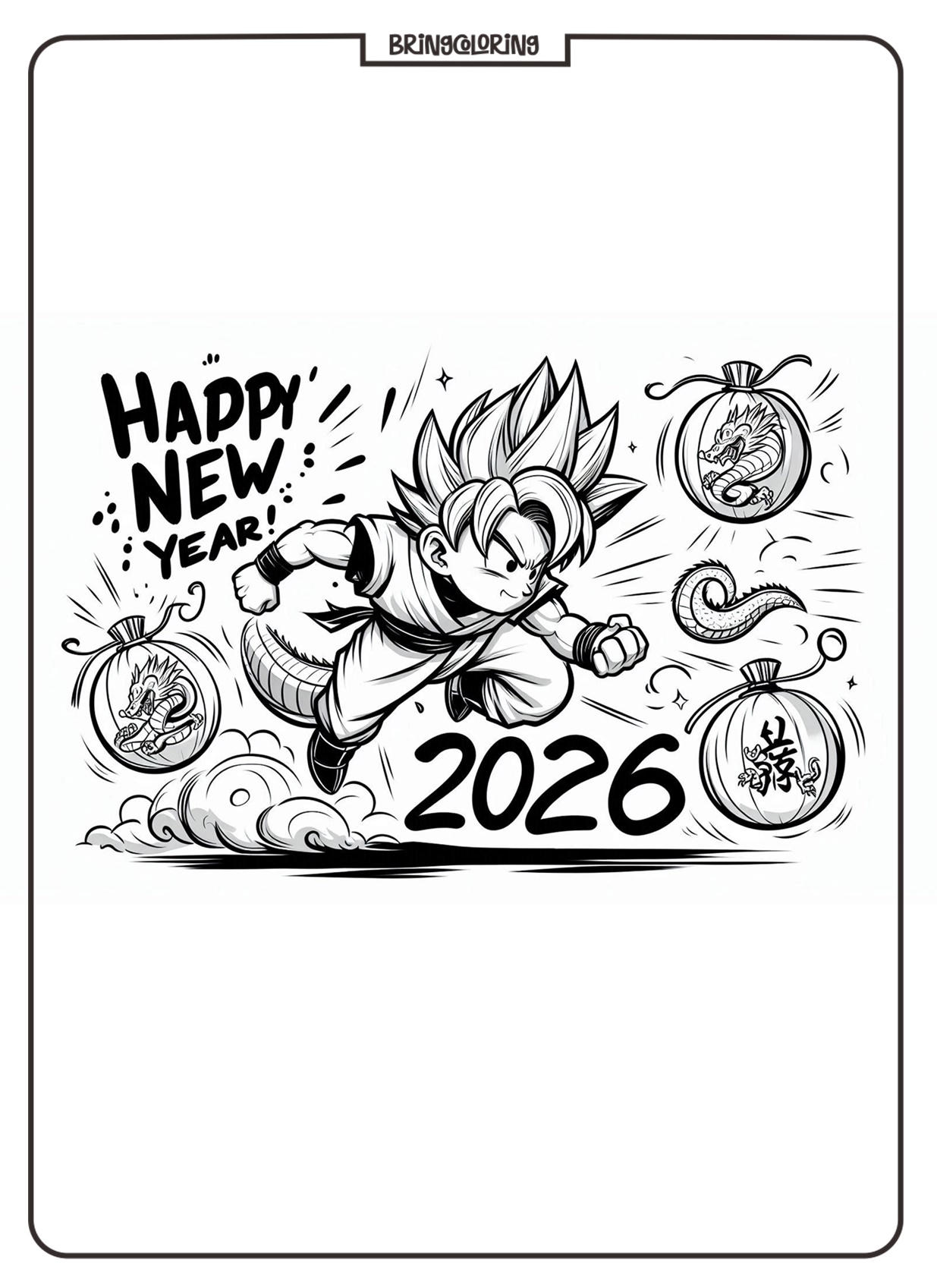Dragon Ball Say Happy New Year 2026 Coloring Online Pages bringcoloring.com