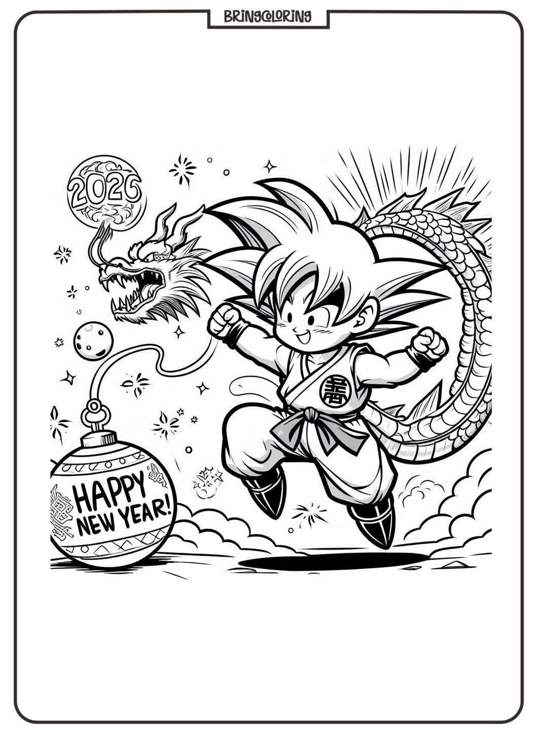 Dragon Ball Say Happy New Year 2026 Coloring Page bringcoloring.com