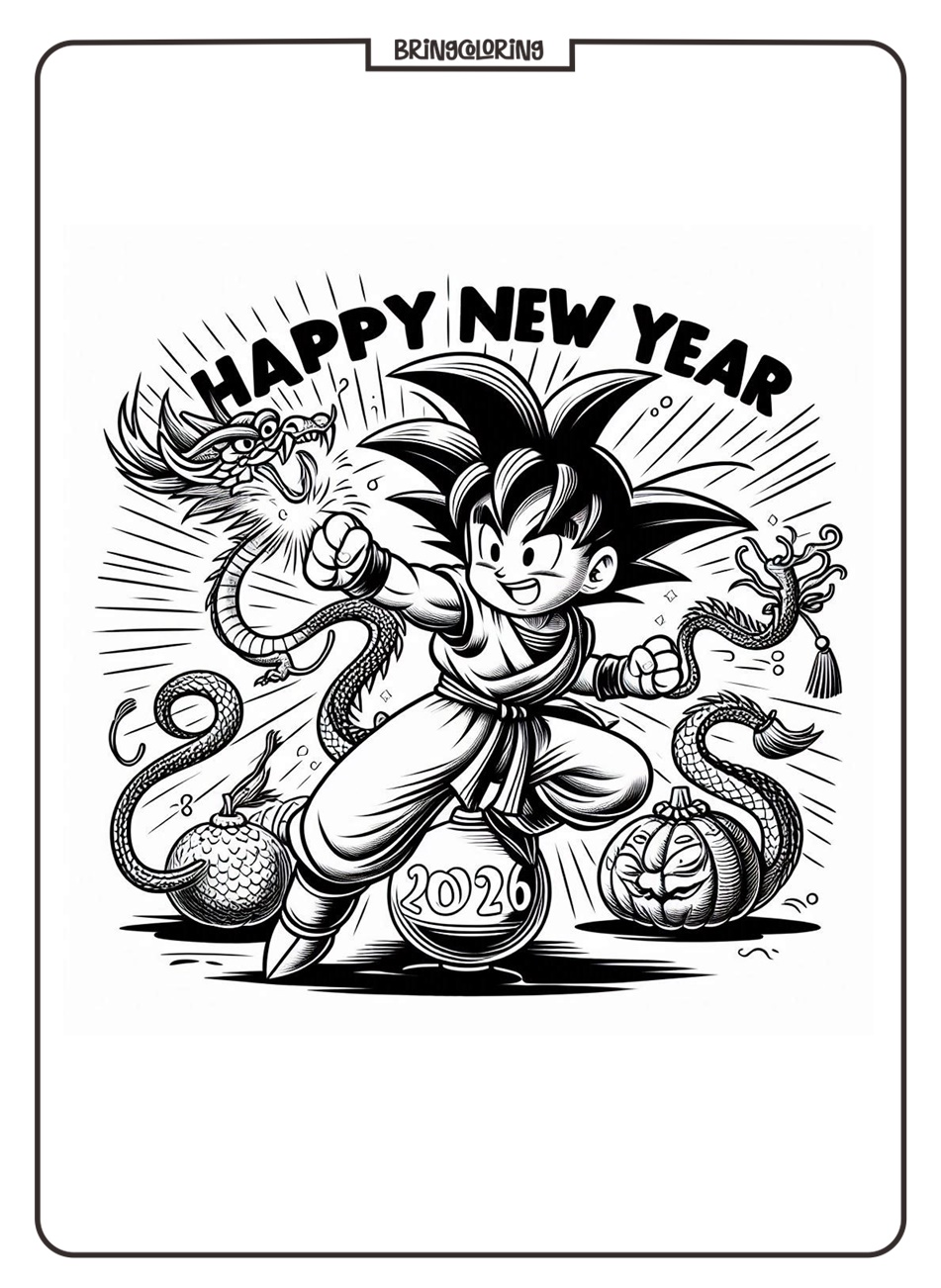 Dragon Ball Say Happy New Year 2026 Coloring Pages bringcoloring.com