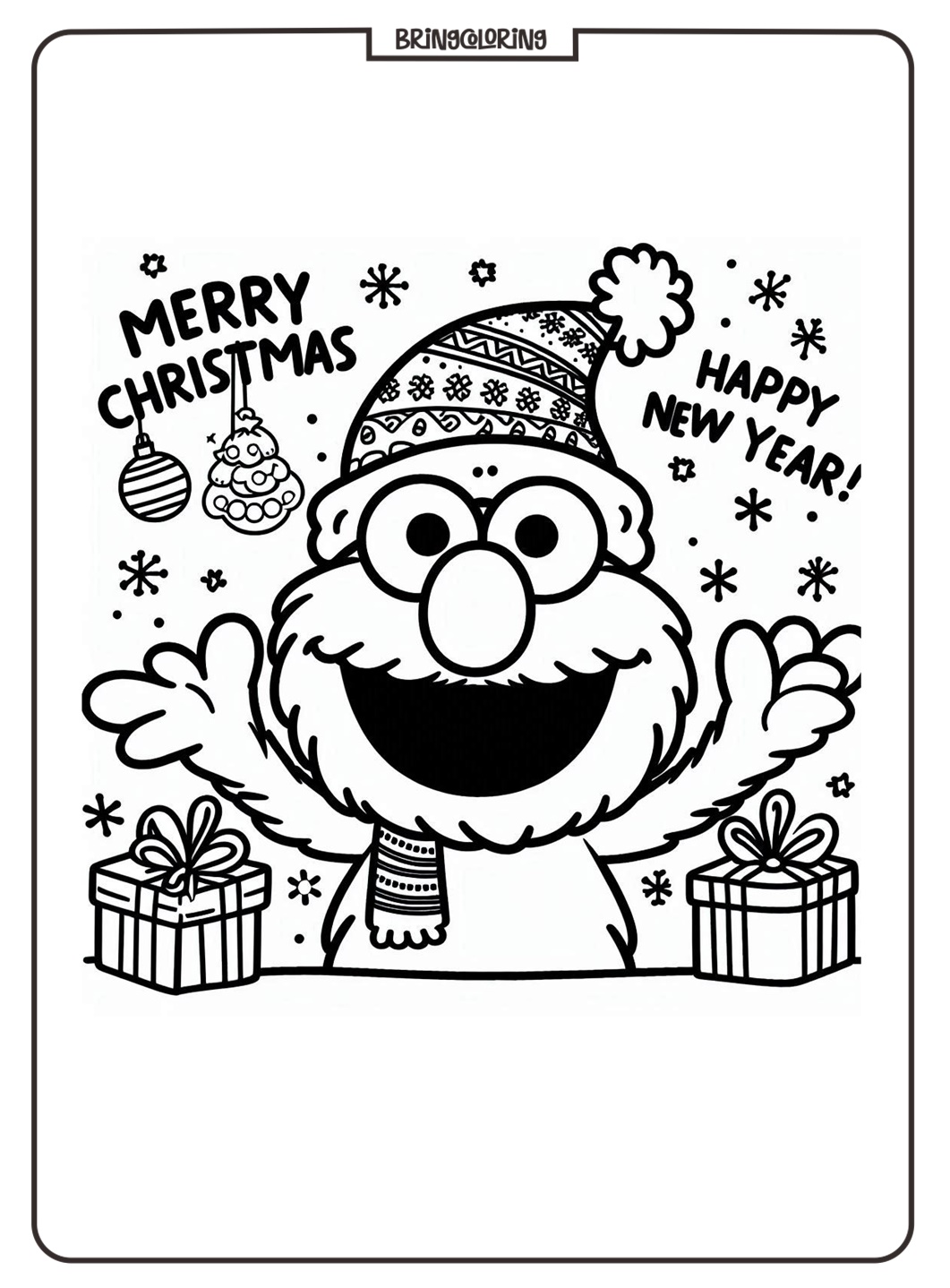 Elmo celebrates Christmas and Happy New Year Coloring Page bringcoloring.com