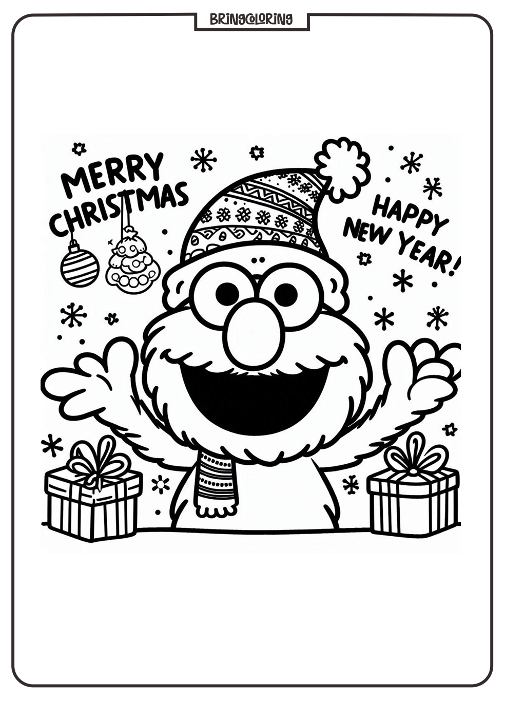 Elmo celebrates Christmas and Happy New Year Coloring Pages