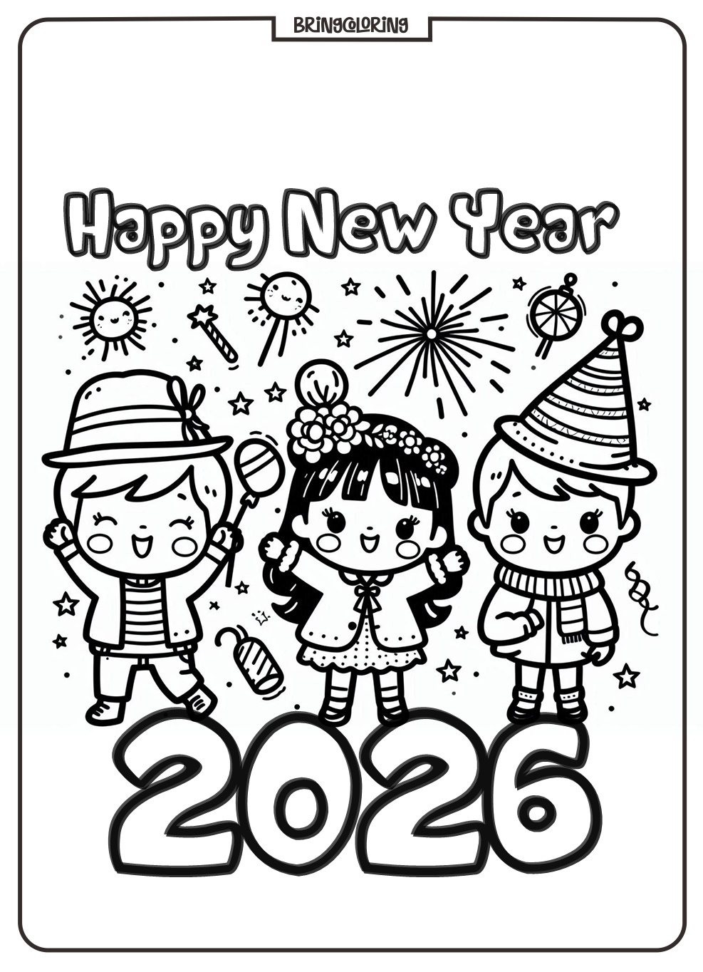 Ring in the joy with these Happy New Year 2026 Coloring Pages for Kids! 2 Happy New Year 2026 Coloring Online Pages bringcoloring
