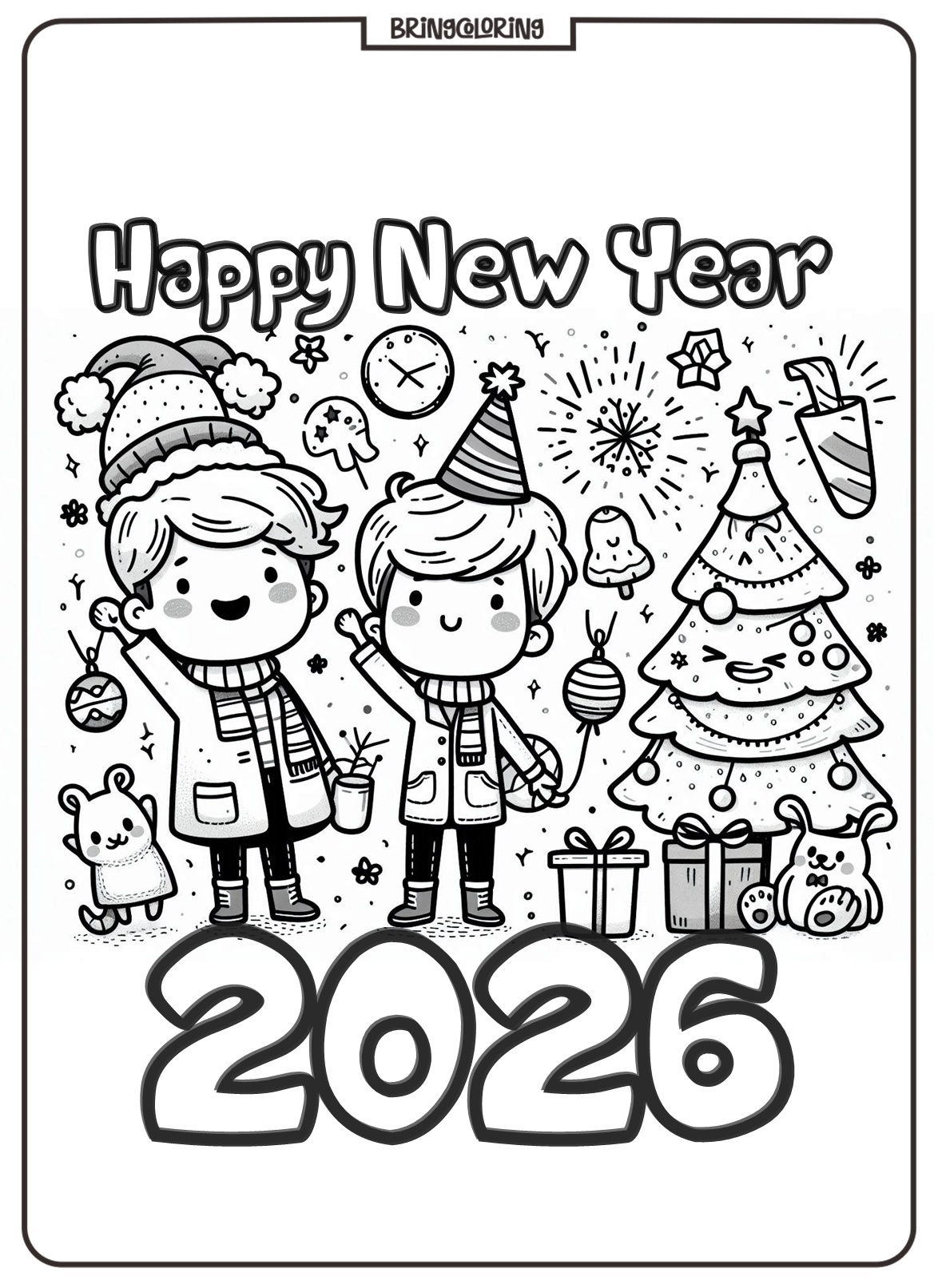 Ring in the joy with these Happy New Year 2026 Coloring Pages for Kids! 3 Happy New Year 2026 Coloring Online Pages for Kids bringcoloring