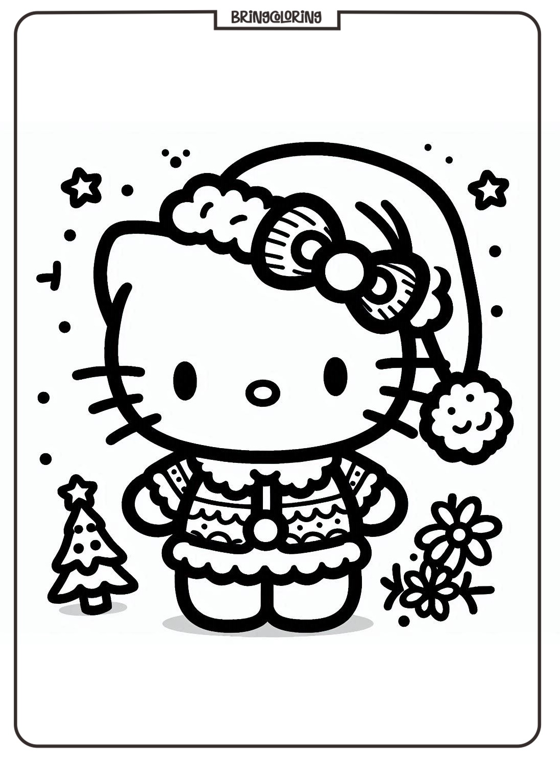 Hello Kitty Wearing a Santa Hat at Christmas Celebration Coloring Online Pages bringcoloring.com
