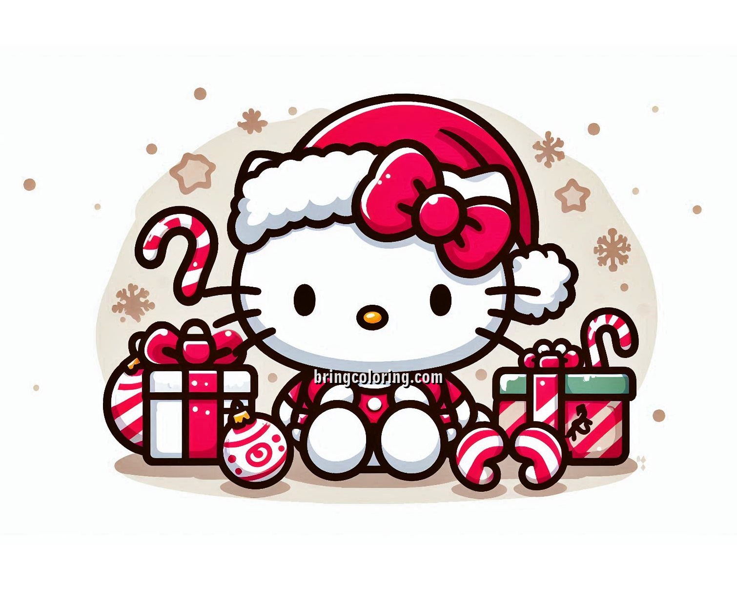 Image of Hello Kitty Wearing a Santa Hat at Christmas Celebration Coloring