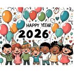 Image of Kids Celebrate Happy New Year 2026 with Ballons Coloring