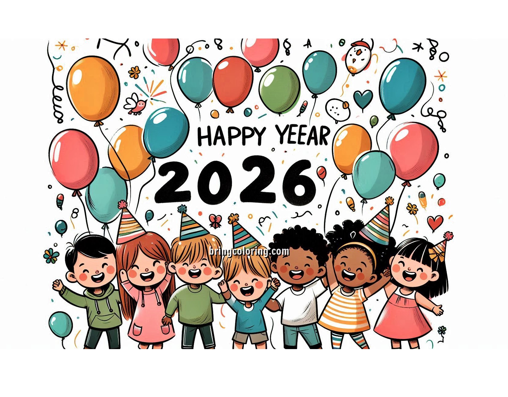 Get ready to Welcome New Year 2026 with Fun and Color! 4 Image of Kids Celebrate Happy New Year 2026 with Ballons Coloring