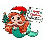 Image of Little Mermaid Celebrates Christmas and Happy New Year Coloring